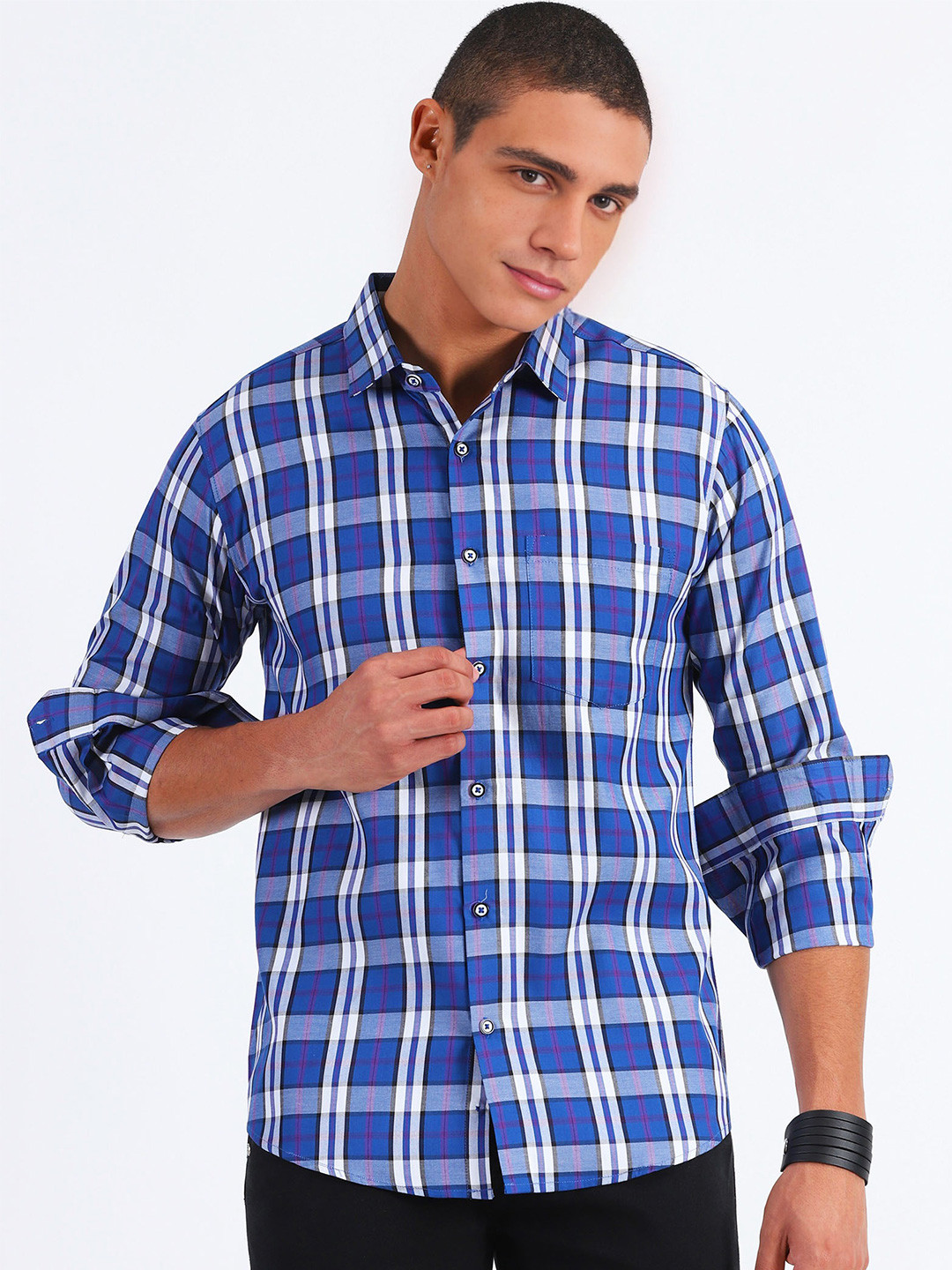 MISCHIEF MONKEY Classic Tartan Checked Spread Collar Long Sleeves Cotton Casual Shirt