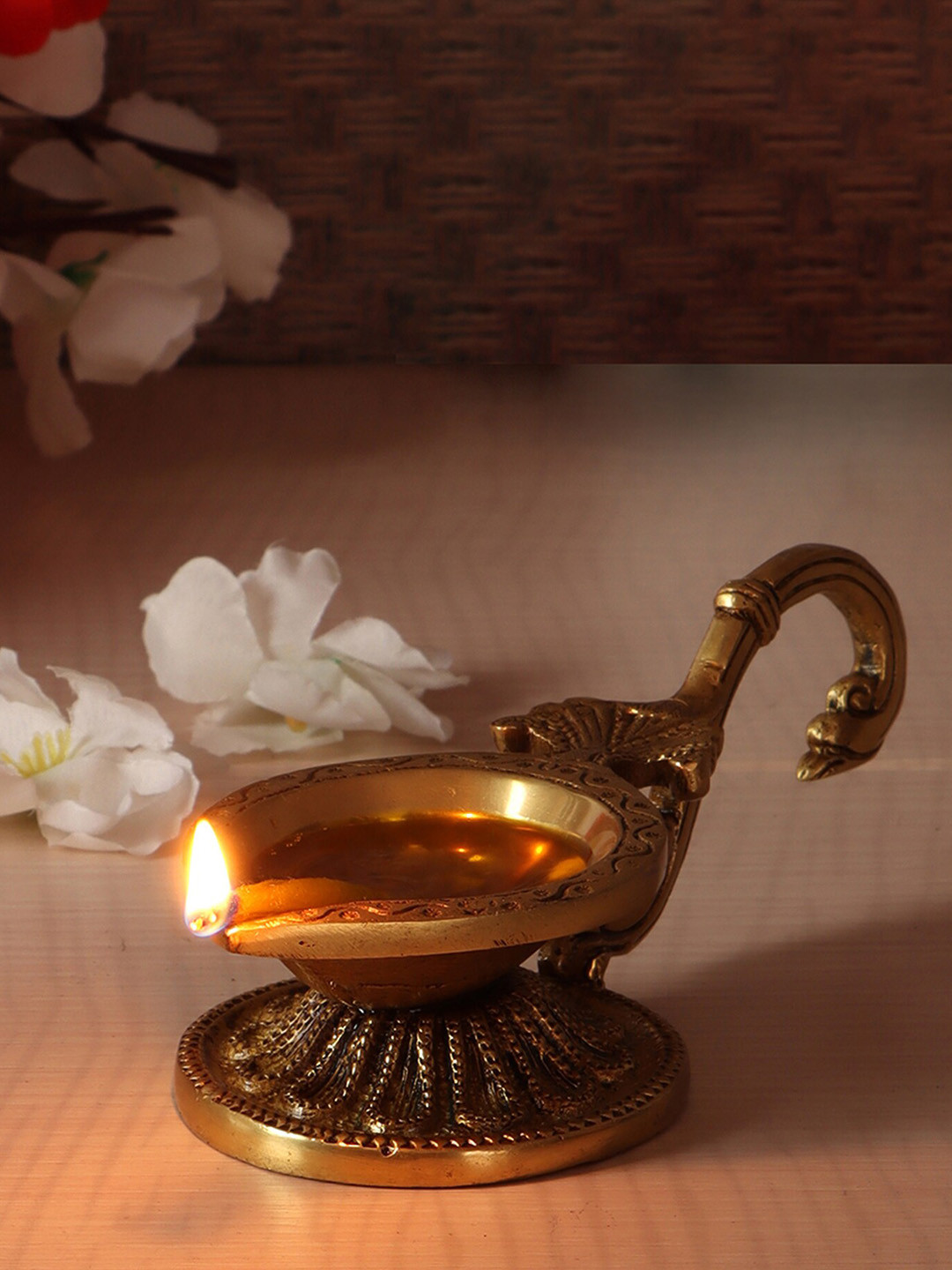 Two Moustaches Brown Brass Diya With Curved Handle