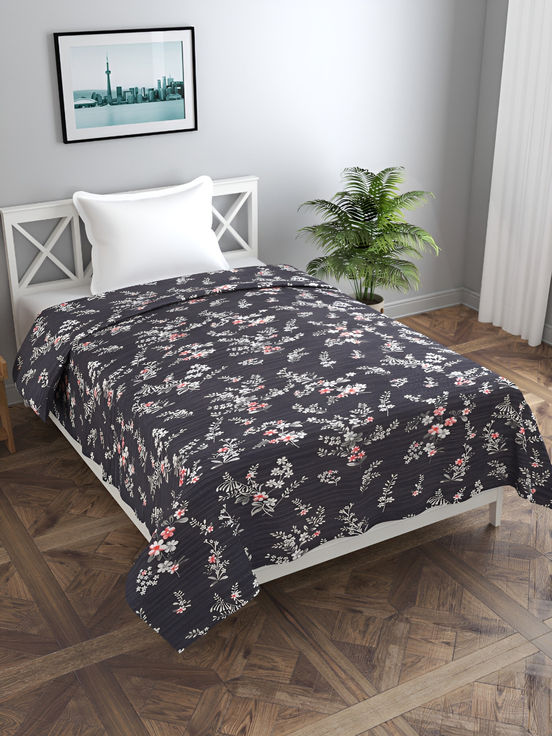MORADO Black & Grey Floral Printed Single Duvet Cover