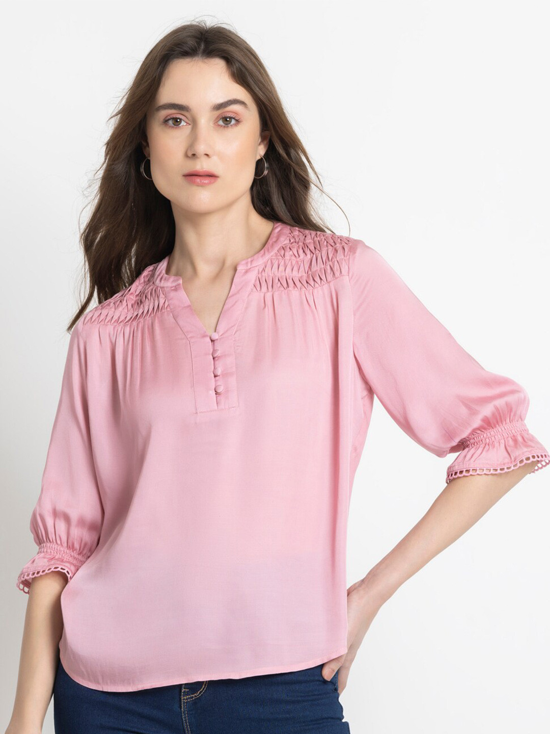 SHAYE Three Quarter Modal Mandarin Collar Puff Sleeves Top