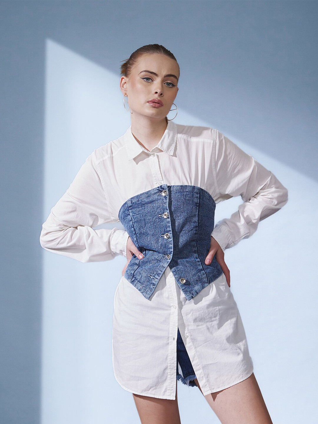 STREET 9 Shirt Collar Cotton Denim Corset Top