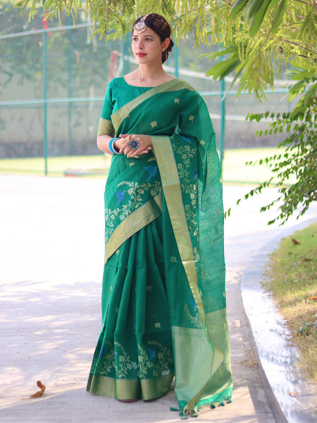 Mitera Green & Blue Woven Design Zari Pure Linen Saree