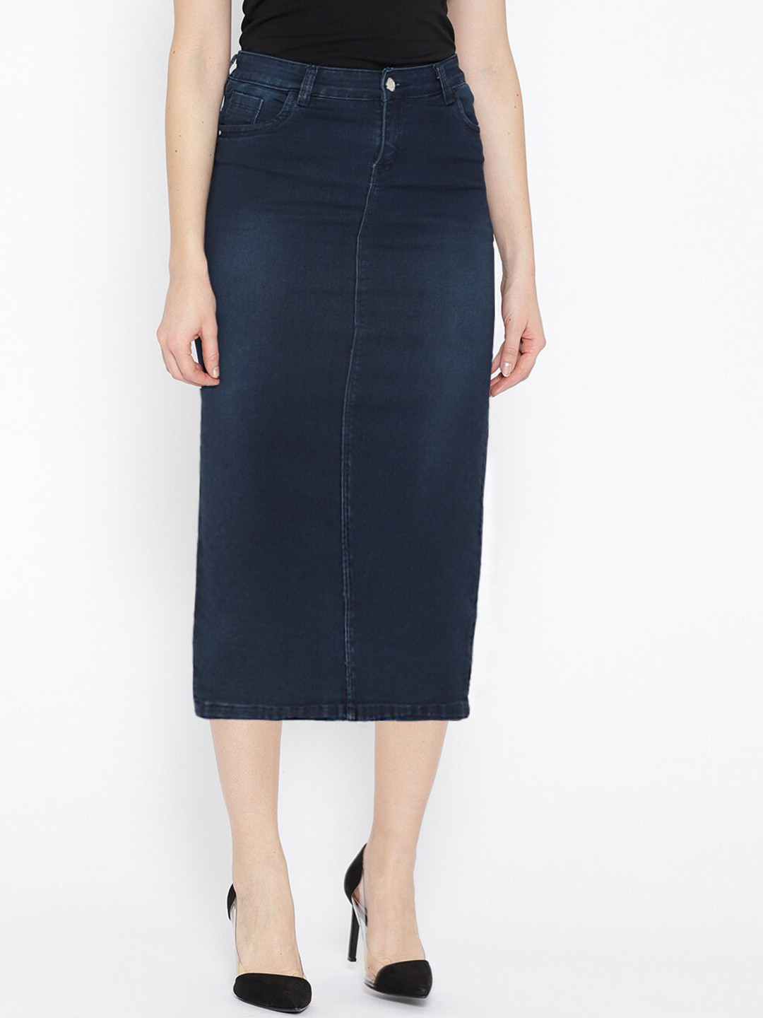 Purple Feather Denim Pencil Midi Skirt