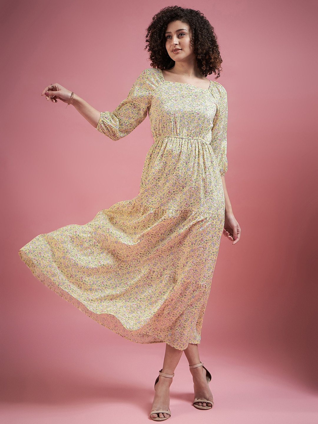 DressBerry Lemon Yellow Floral Printed Square Neck Puff Sleeves Maxi Dress