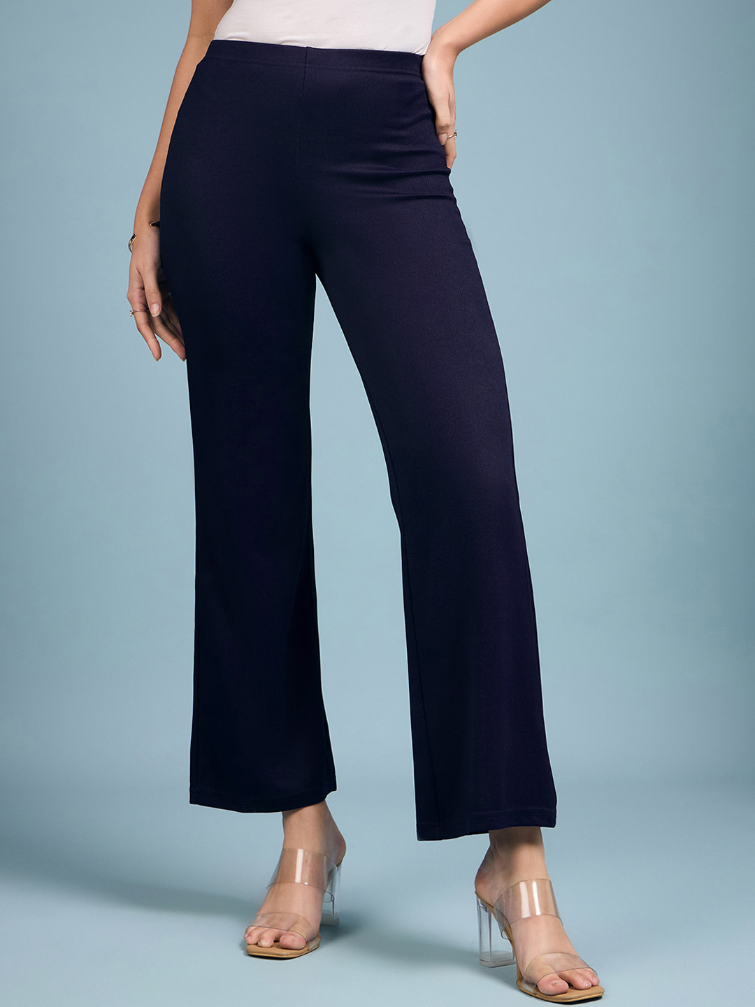 DressBerry Women Navy Blue Relaxed Straight Fit High-Rise Easy Wash Parallel Trousers
