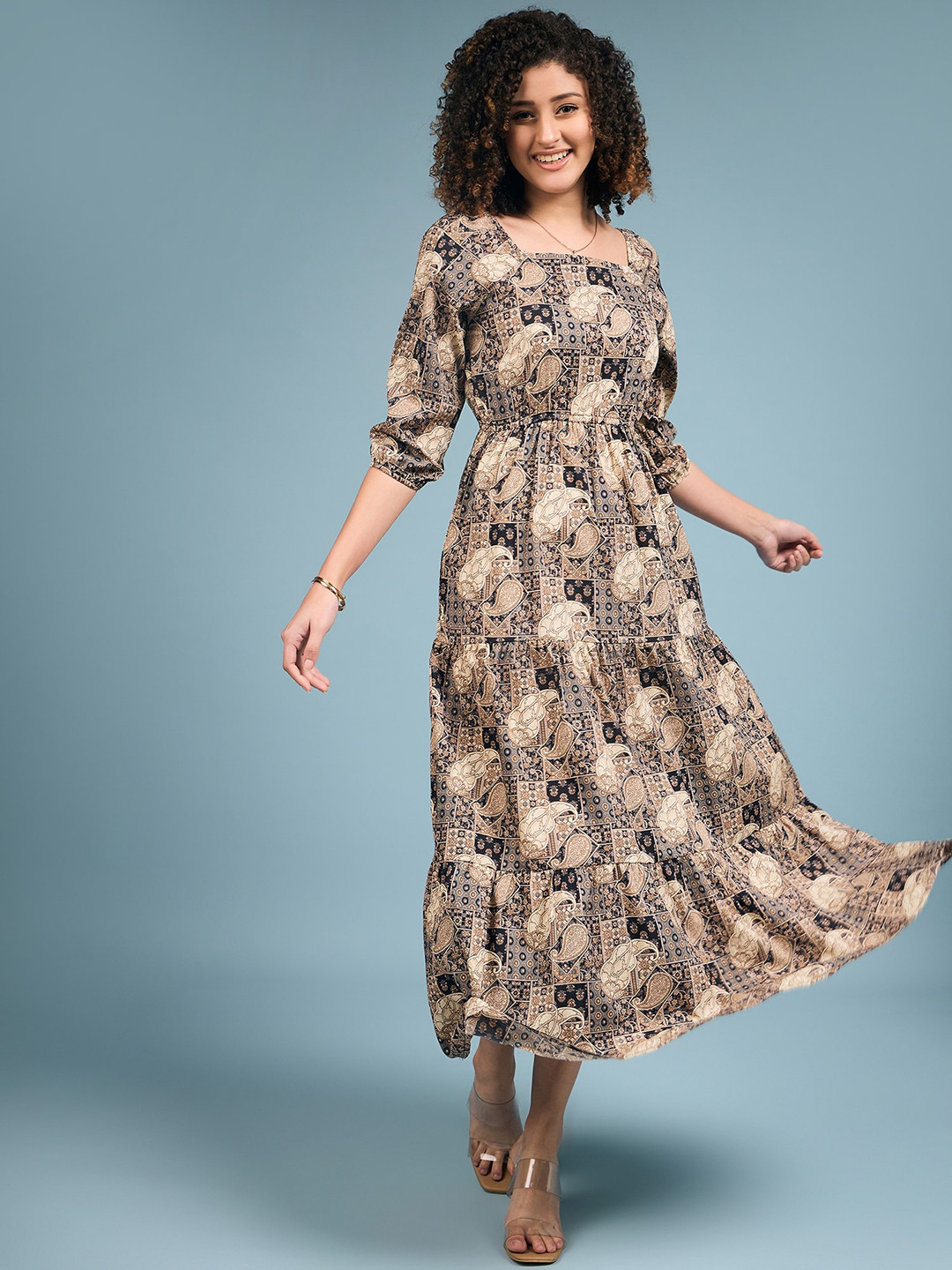 DressBerry Brown Ethnic Motifs Printed Square Neck Puff Sleeves Maxi Dress