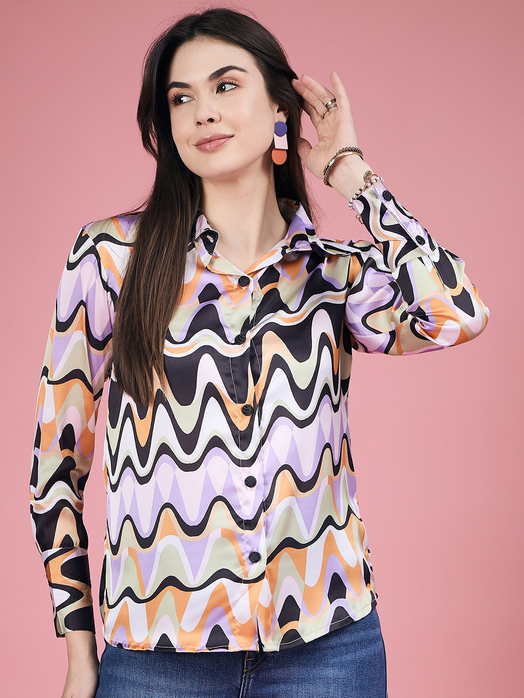 DressBerry Lavender & Black Relaxed Abstract Printed Satin Casual Shirt