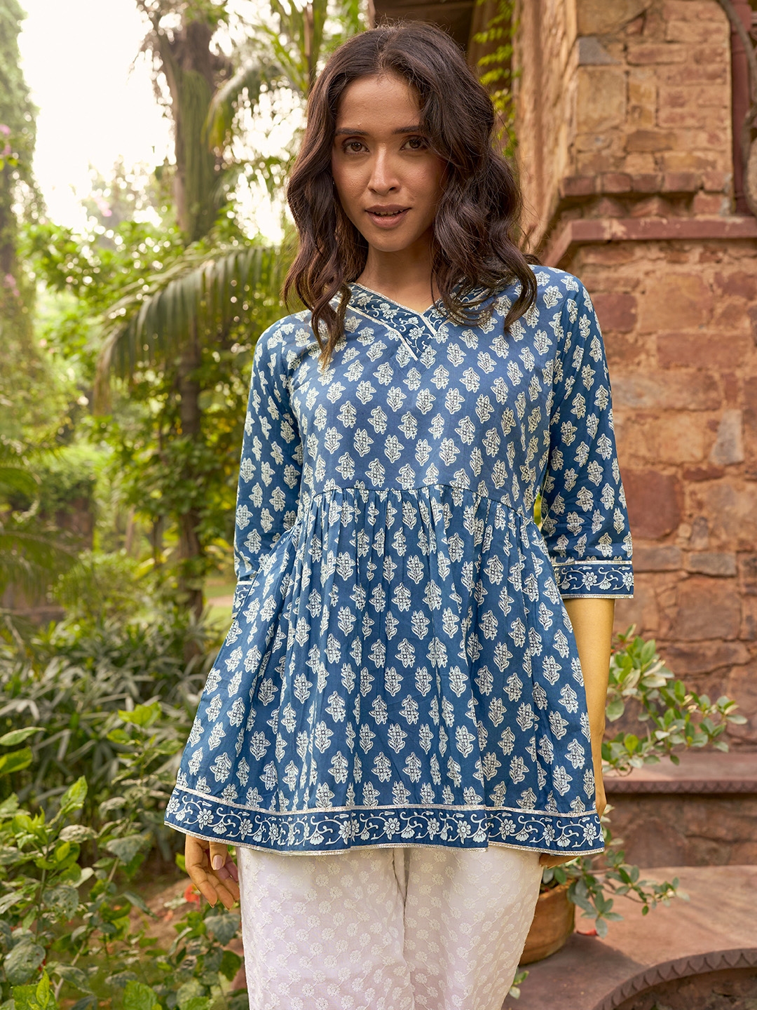 Buy Libas Floral Printed V Neck Flared Sleeves Pure Cotton Pleated Kurti Kurtis for Women 28044700 Myntra