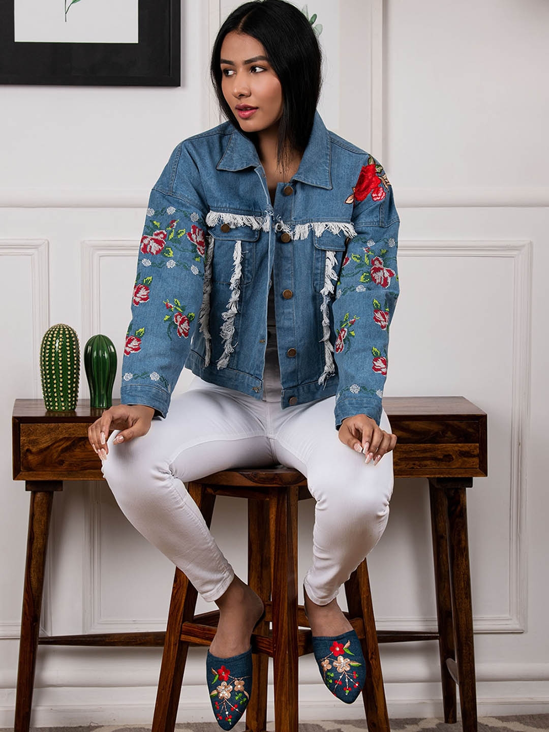 Floral embroidered denim jacket top