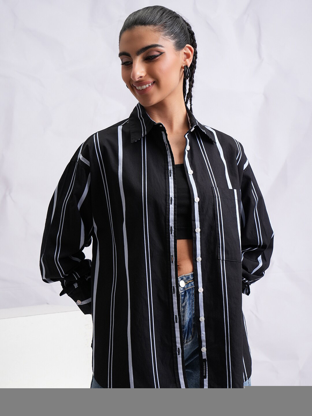 Tokyo Talkies Women Striped Oversize Boyfriend Fit Overshirt