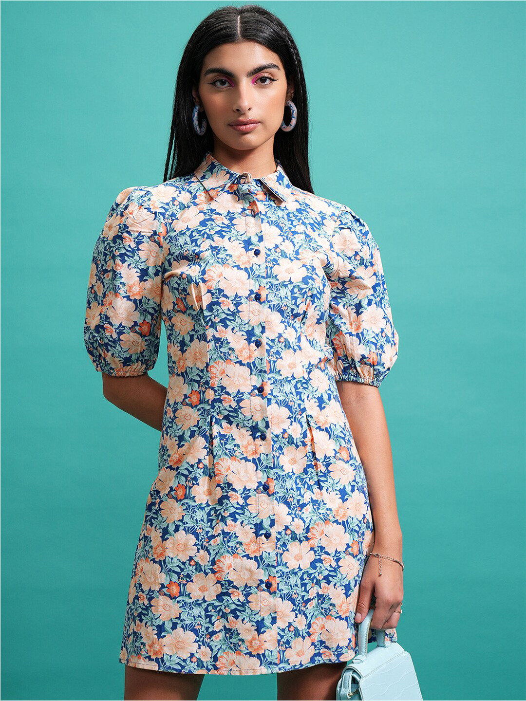 Tokyo Talkies Blue Shirt Collar Floral Print Puff Sleeve A-Line Cotton Dress