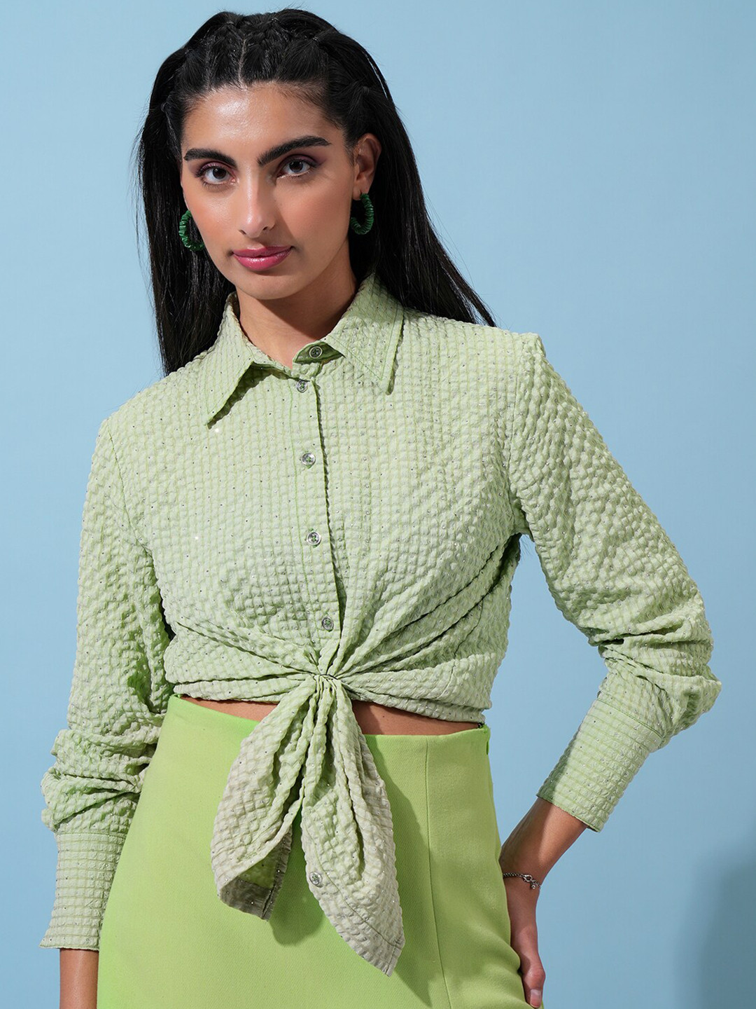 Tokyo Talkies Women Textured Embellished Buttondown Shirt