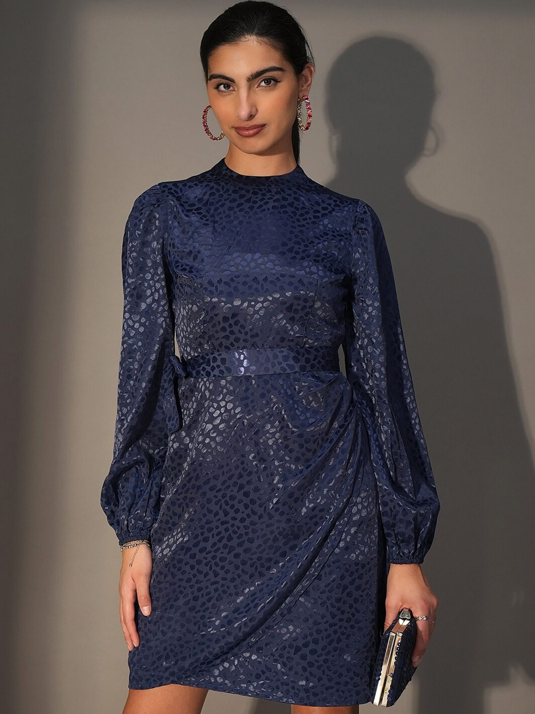 Tokyo Talkies Navy Blue Mock Neck Self Design Puff Sleeves Sheath Dress