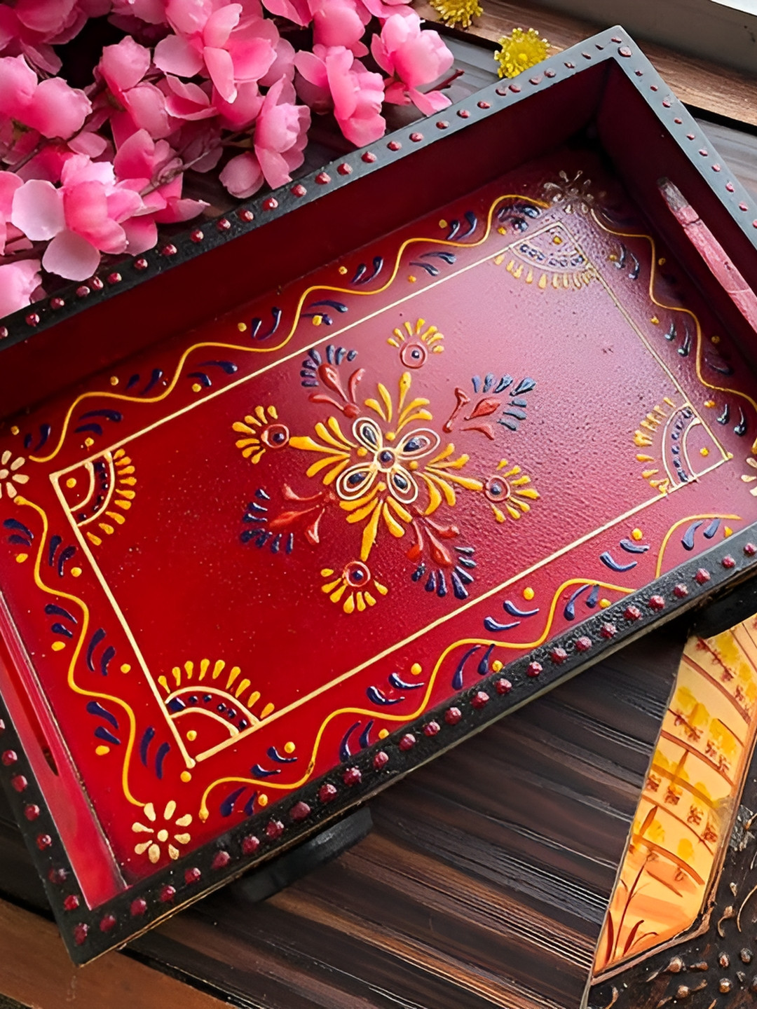 INDIA MEETS INDIA Red & Green Embossed Wooden Serving Tray
