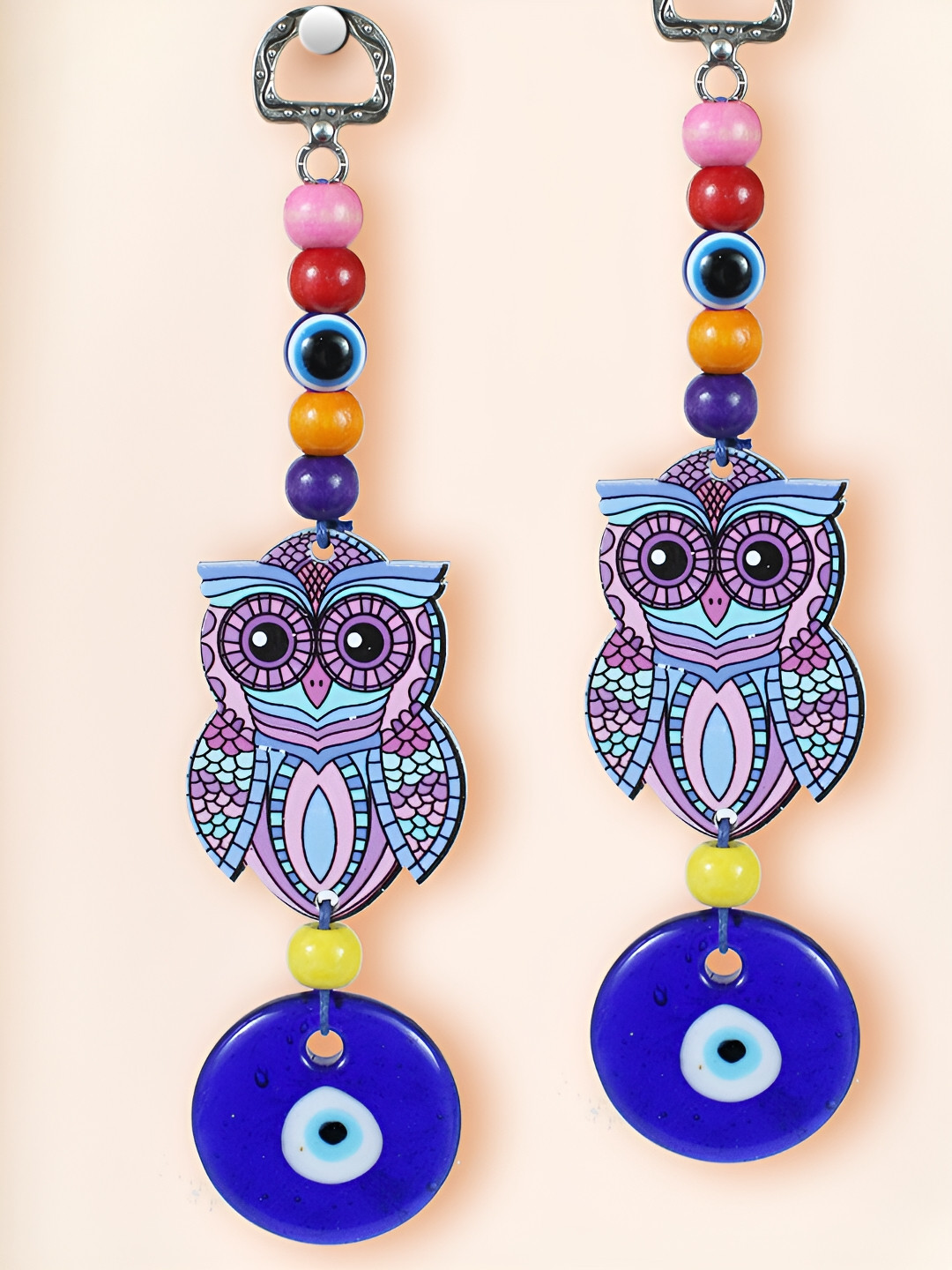 TIED RIBBONS Owl Evil Eye Metal Glossy Hanging Hall 2Pcs Wall Hangings-7.1In