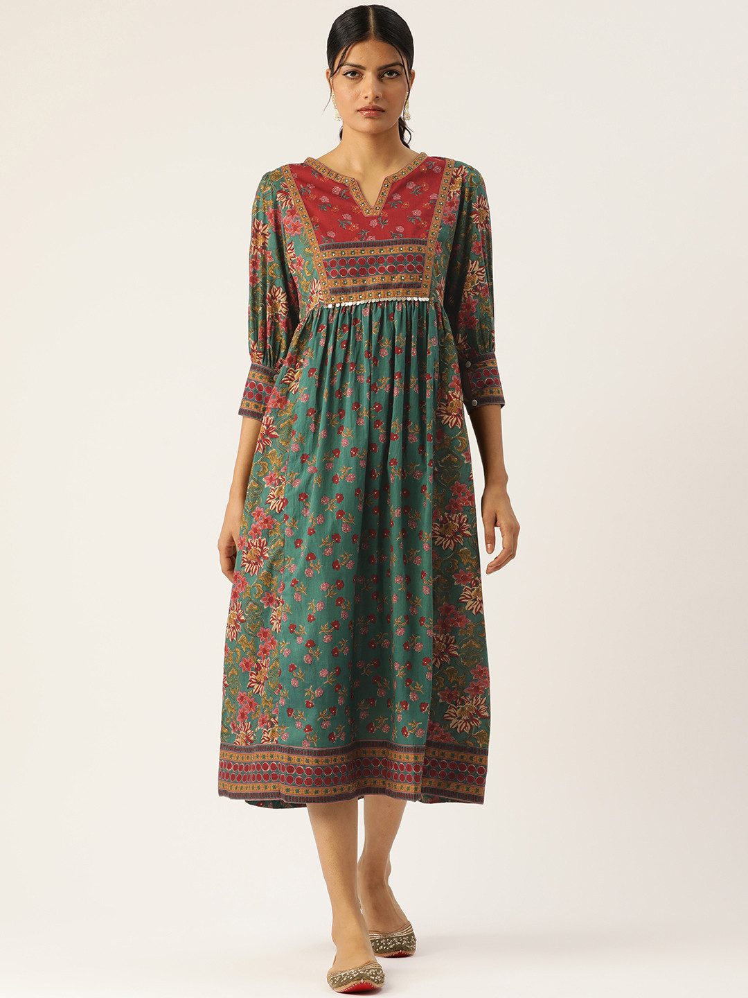 Jaipur Morni Floral Print A-Line Cotton Midi Dress