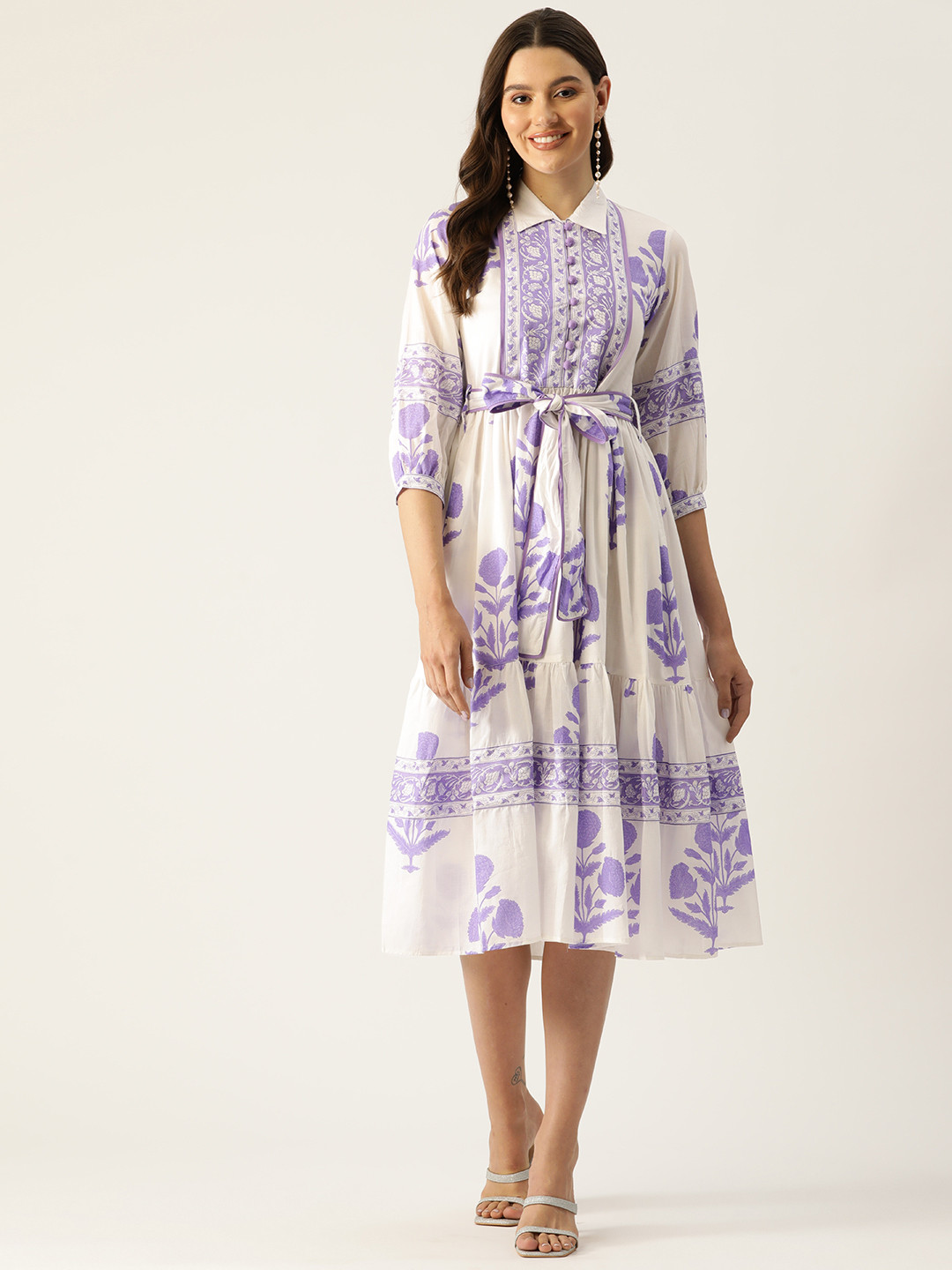 Jaipur Morni Floral Print Puff Sleeves Tiered A-Line Pure Cotton Midi Dress with Belt