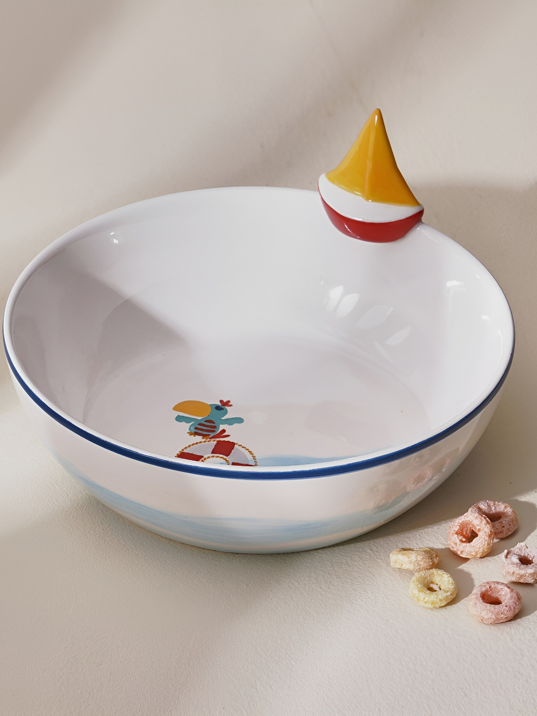 Home Centre White & Blue Stoneware Easy to Clean Cereal Bowl 530 ml