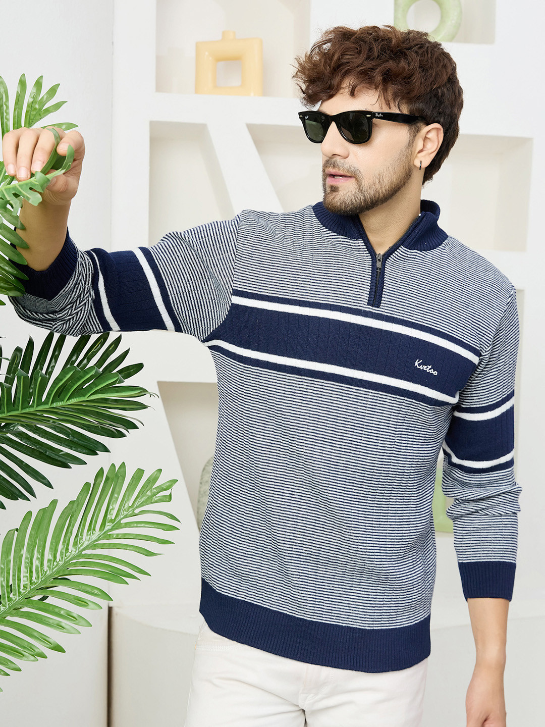 KVETOO Striped Turtle Neck Acrylic Half Zipper Pullover Sweater