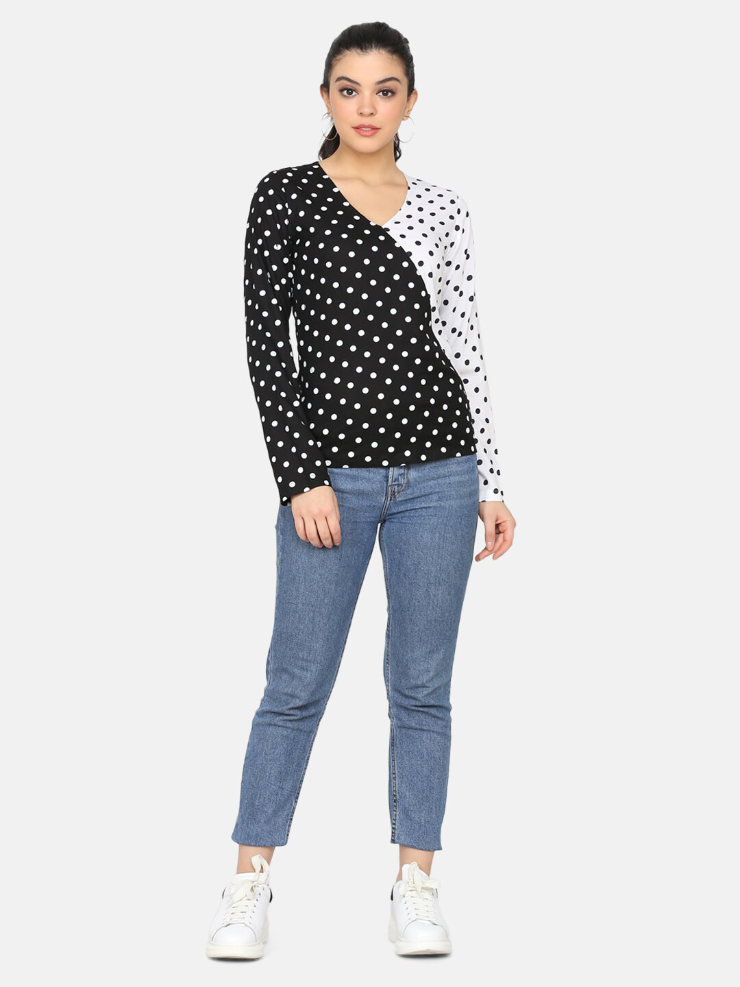 DELAN Polka Dot Print V-Neck Long Sleeves Top