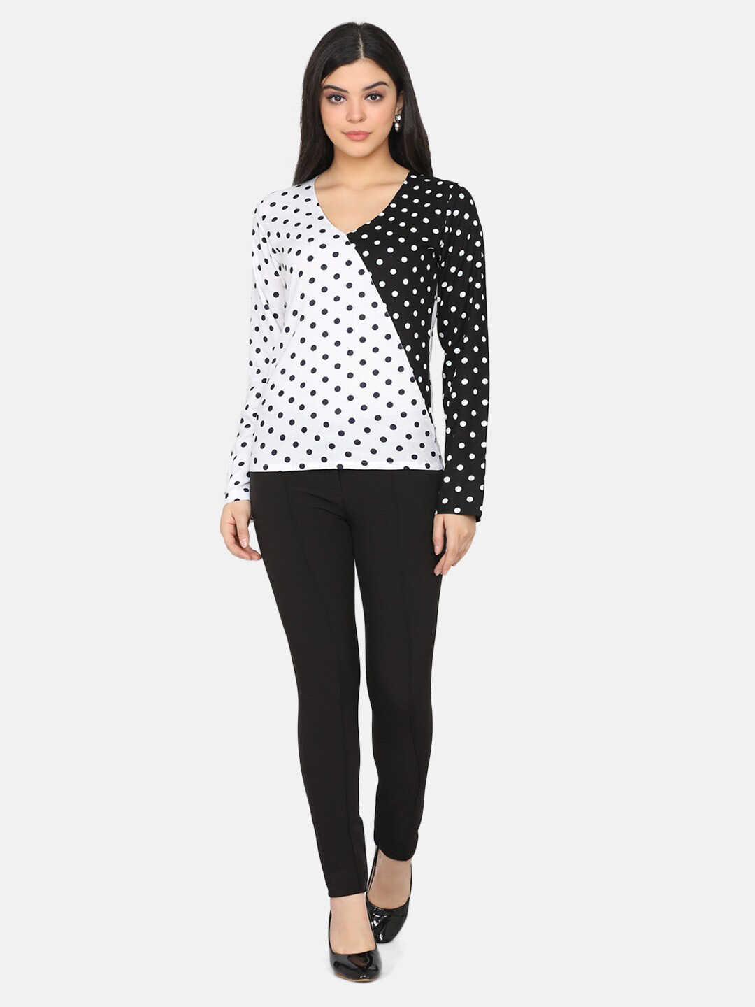 DELAN Polka Dot Print V-Neck Long Sleeves Wrap Top