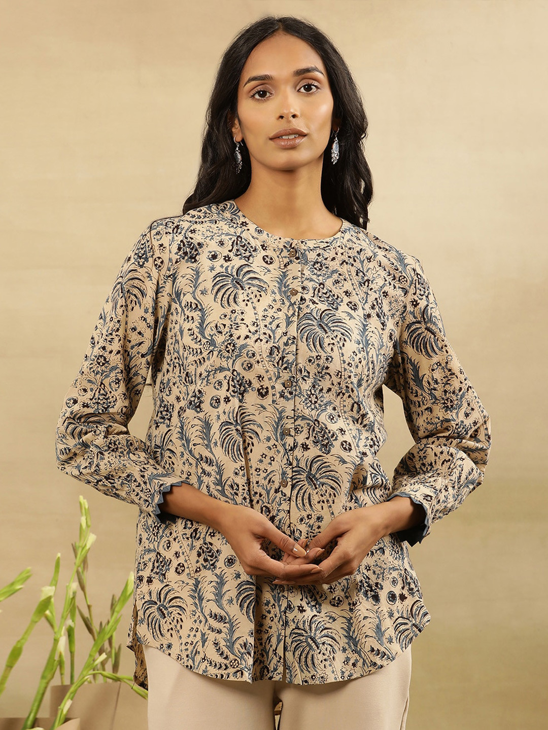 Folk Song  Round Neck Long Sleeves Printed Cotton Top