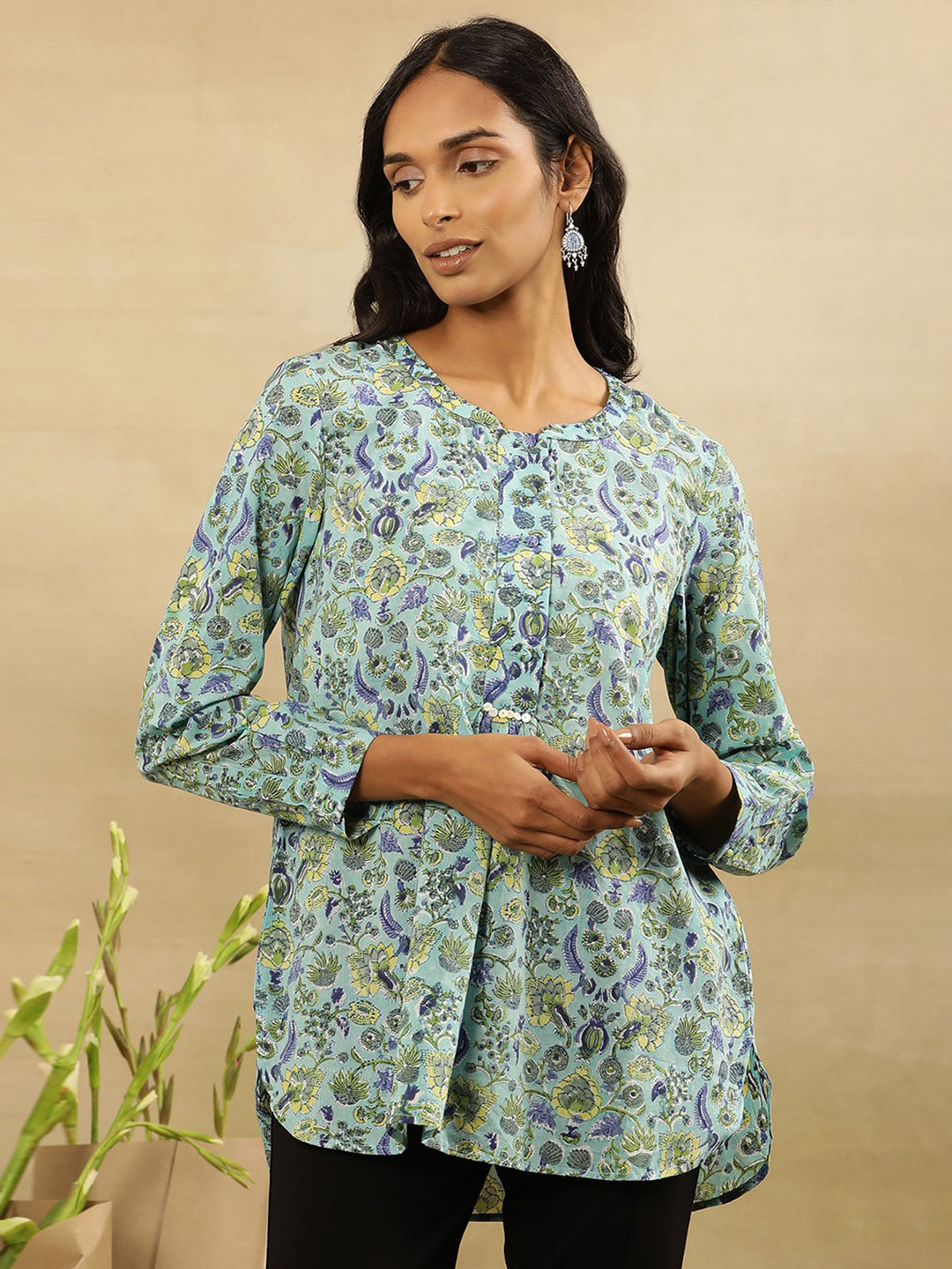 Folk Song  Round Neck Floral Printed Cotton Top