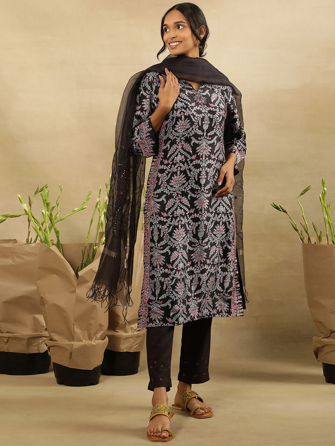 Folk Song  Round Neck Floral Printed Sequinned Kurta