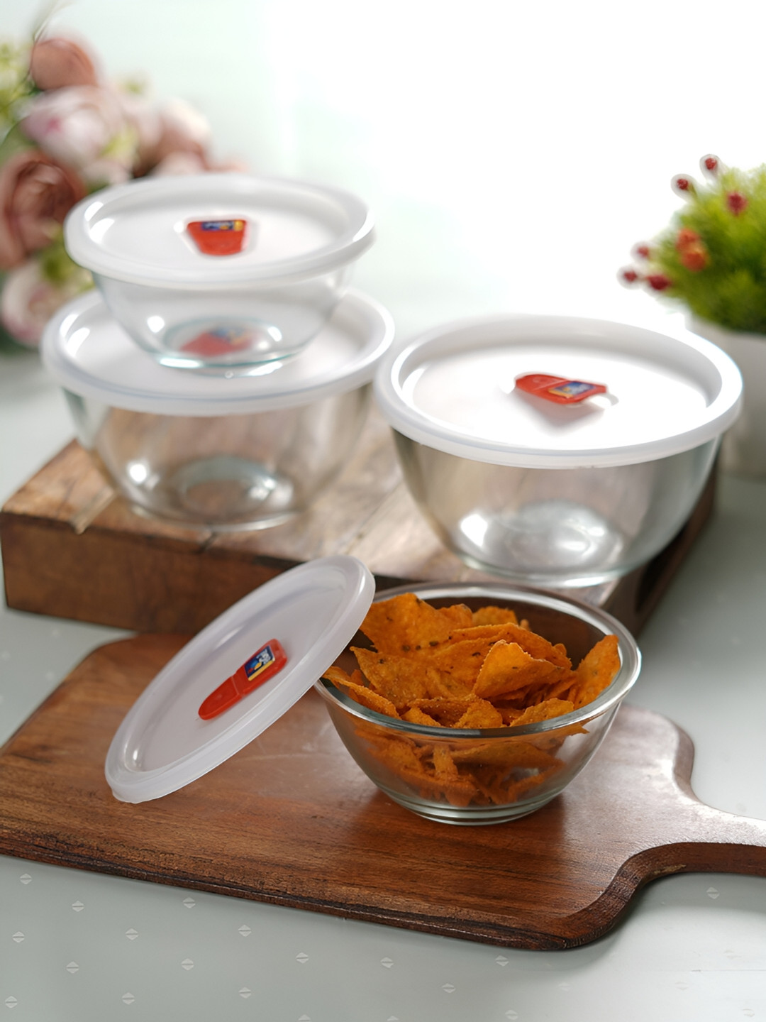 CDI Transparent & Red 4Pcs Glass Glossy Dishwasher And Microwave Safe Bowls