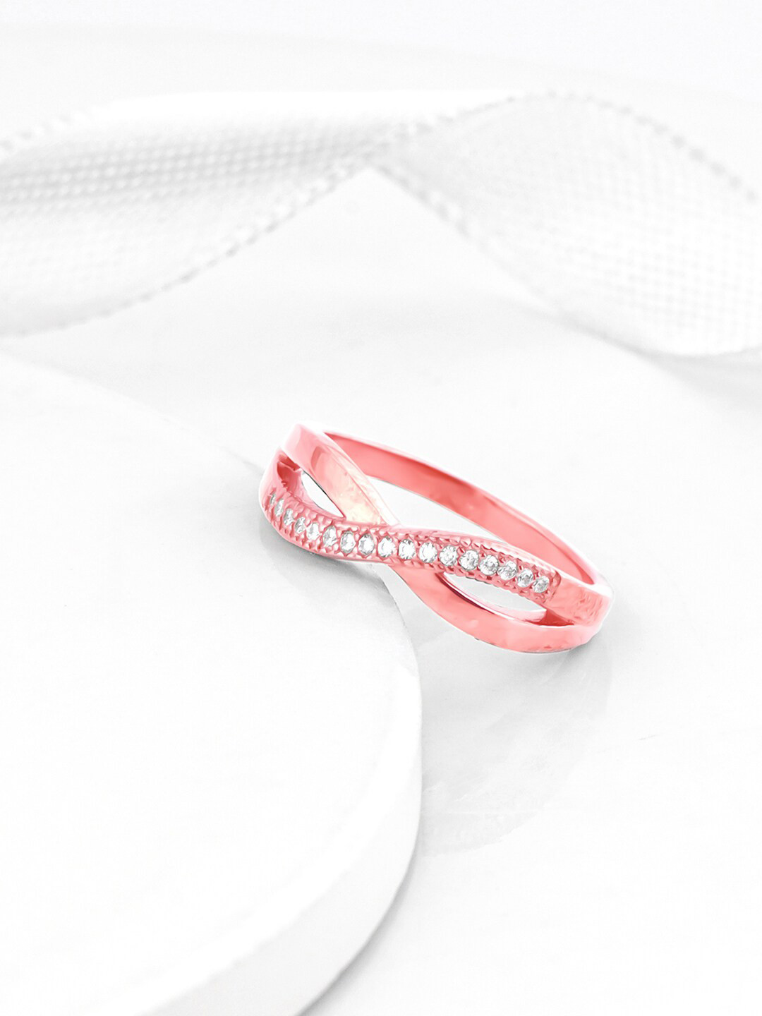 GIVA 925 Sterling Silver Rose Gold-Plated Stones-Studded Crossing Waves Ring