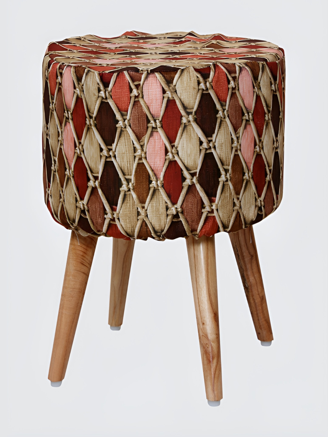 COMFIDELITAS Beige & Brown Printed Wooden Cylindrical With Storage Ottoman