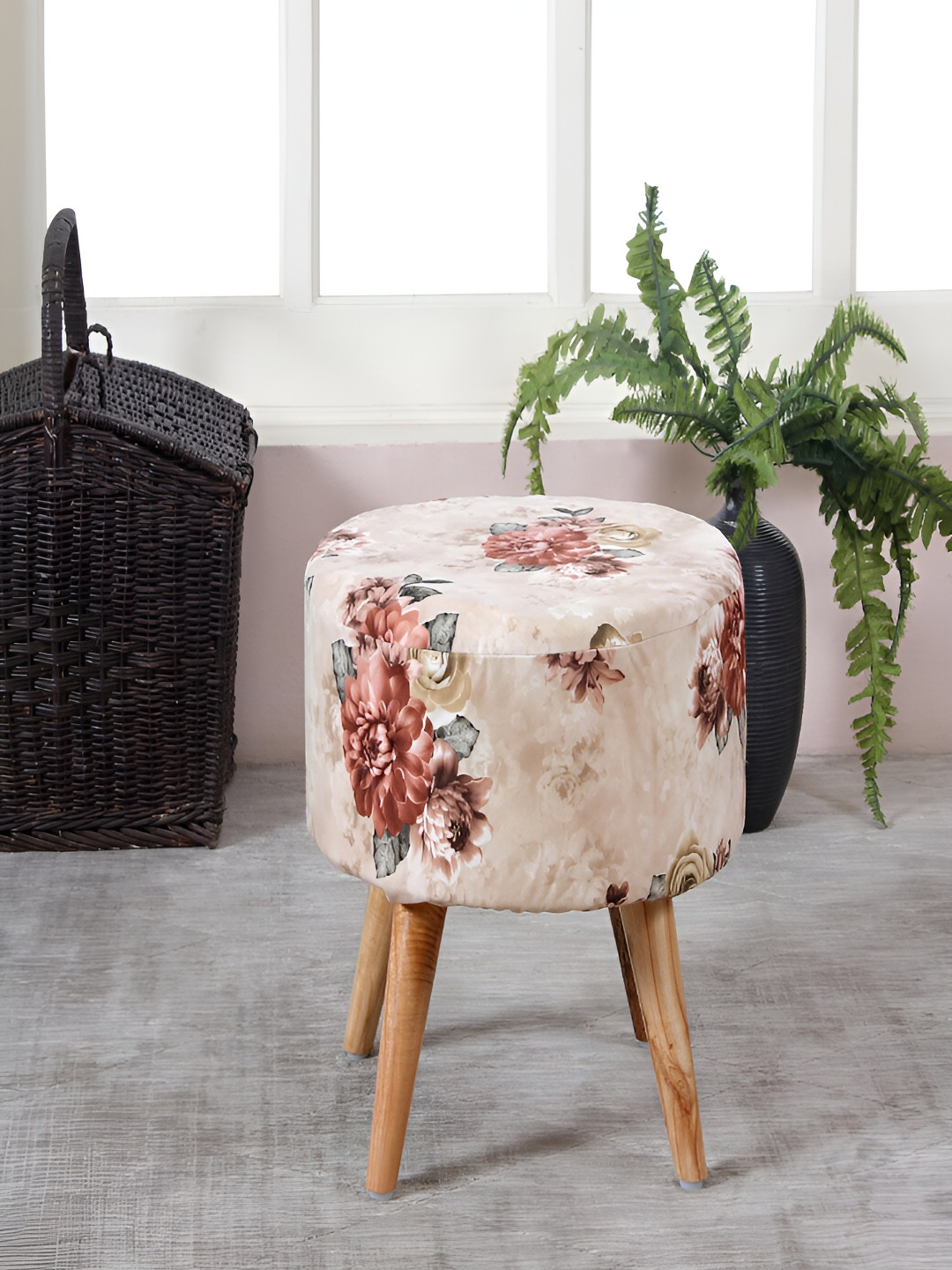 COMFIDELITAS Beige & Brown Printed Cotton Cylindrical With Storage Ottoman