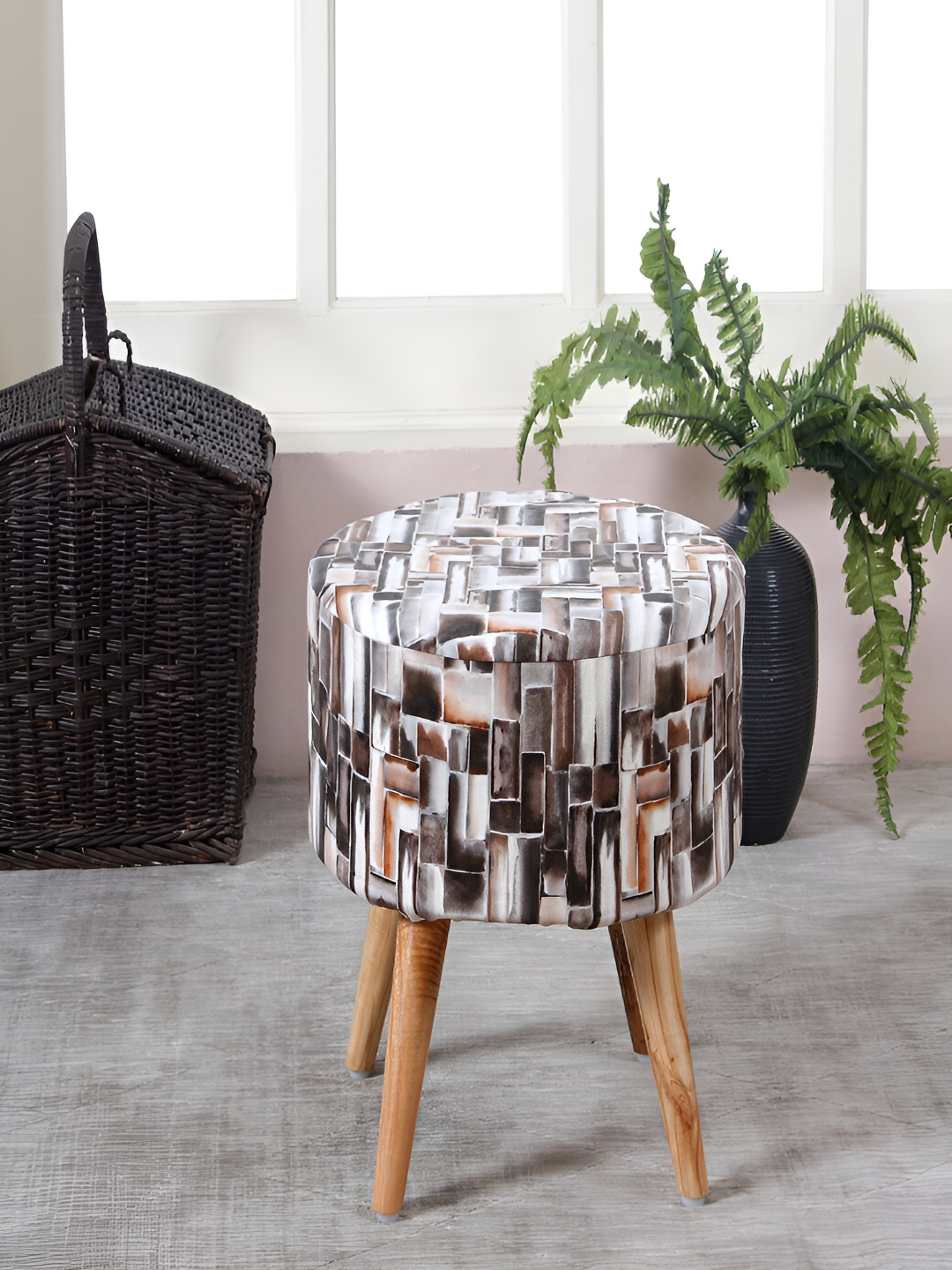 COMFIDELITAS Brown & Black Printed Cotton & Wood Cylindrical With Storage Ottoman