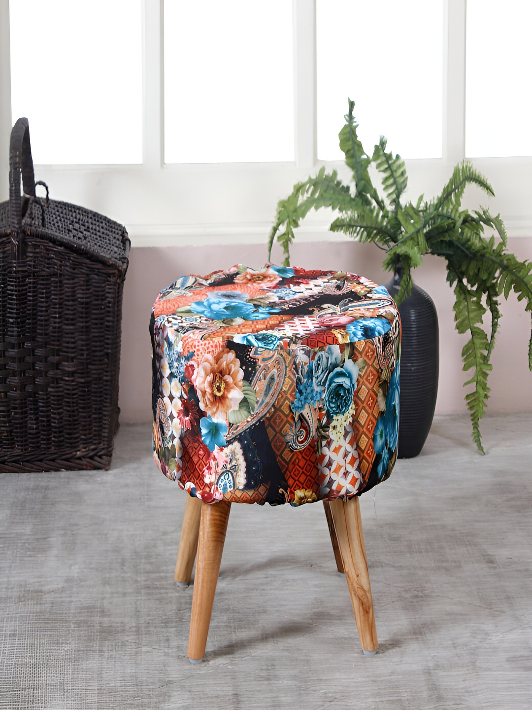 COMFIDELITAS Blue & Orange  Printed Cotton & Wood Cylindrical With Storage Ottoman