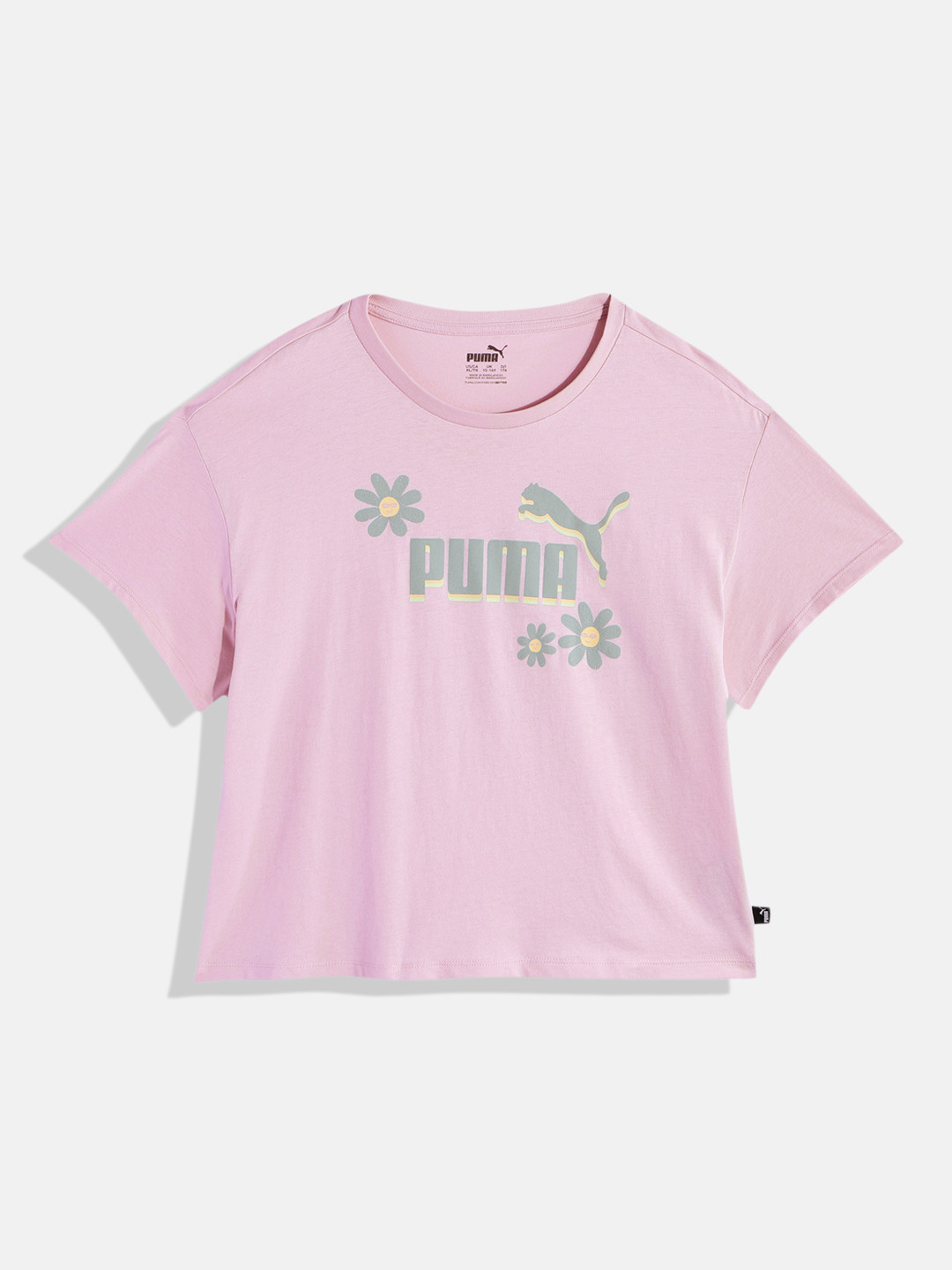 Puma Girls Graphics Summer Flower & Brand Logo Print Pure Cotton Relaxed Fit Crop T-shirt