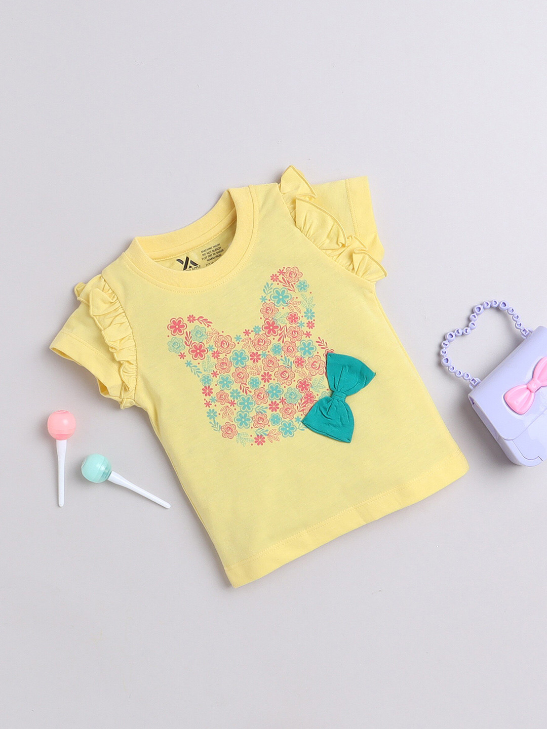 Yellow Apple Girls Printed Round Neck Short Sleeves Regular Fit T-shirt