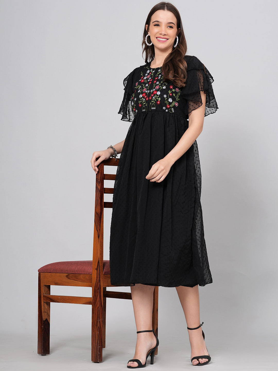 JC4U Self Design Flared Sleeve Embroidered Chiffon A-Line Dress