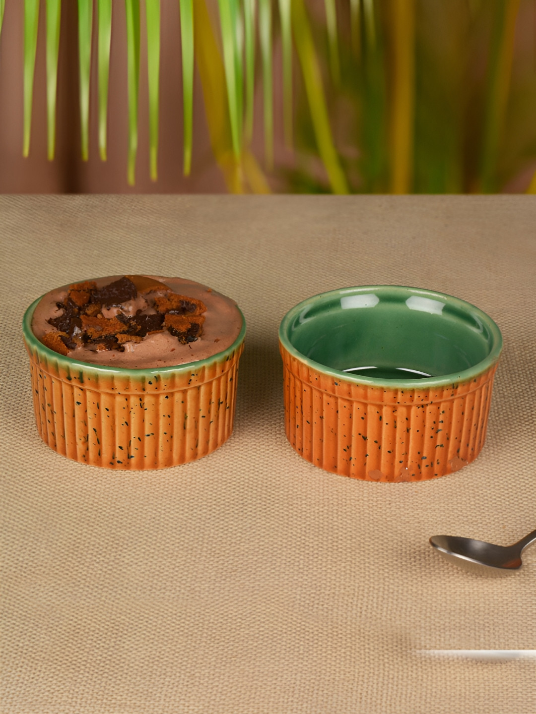 StyleMyWay Brown & Green 2Pcs Textured Ceramic Dishwasher And Microwave Safe Glossy Bowls