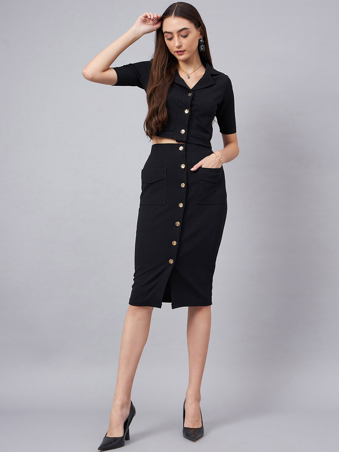 Orchid Blues Crop Blazer With Button Detail Skirt