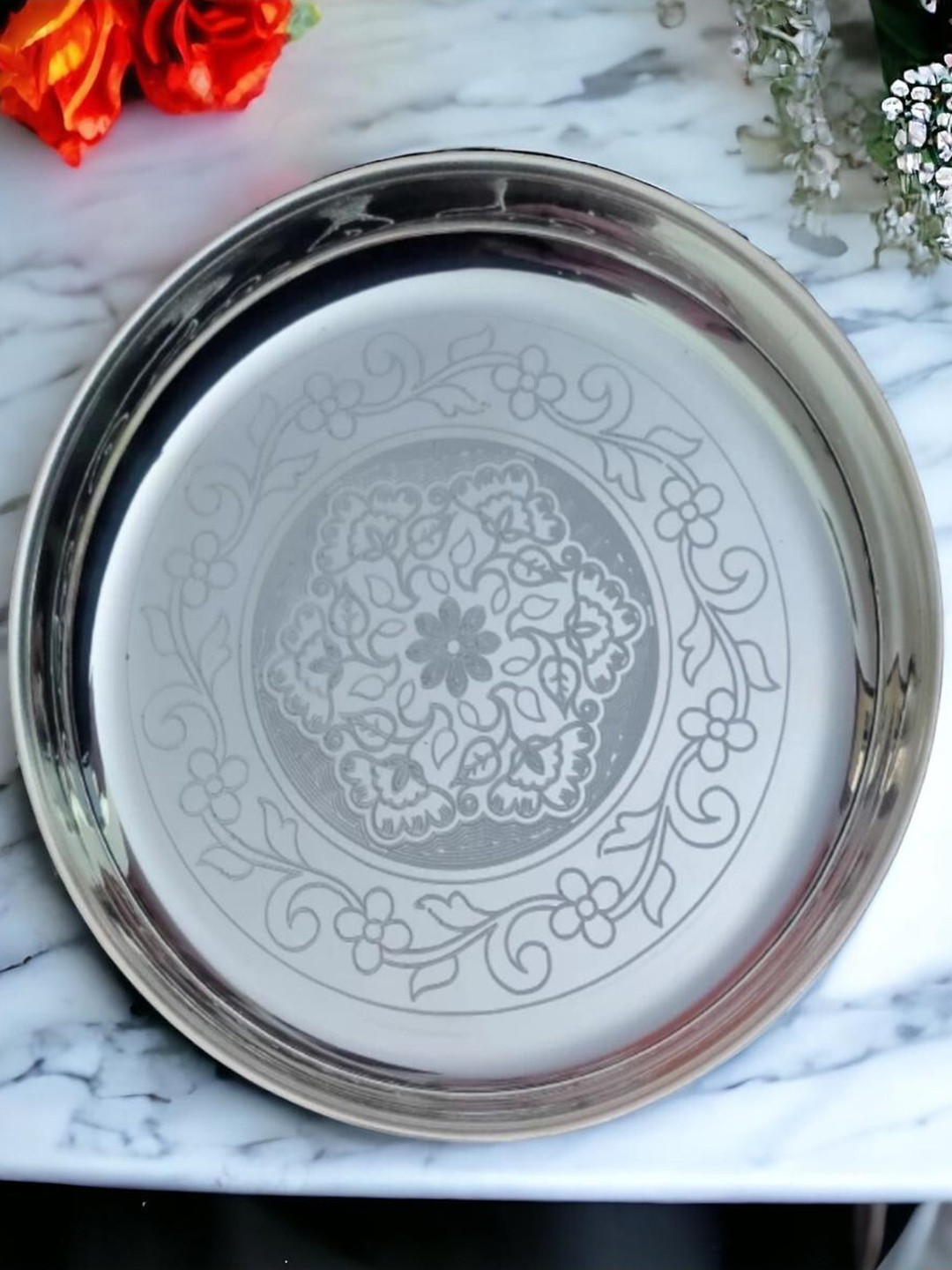 Sigaram Grey Floral Designed German Silver Pooja Thali