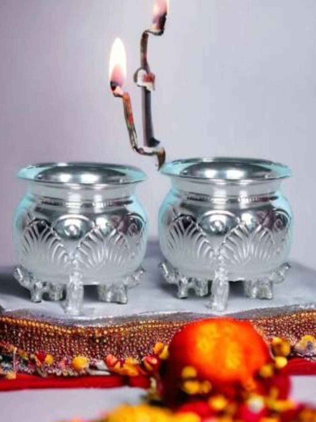 Sigaram Grey Textured 2 Pcs German Silver KumKum Barani Pooja Essentials