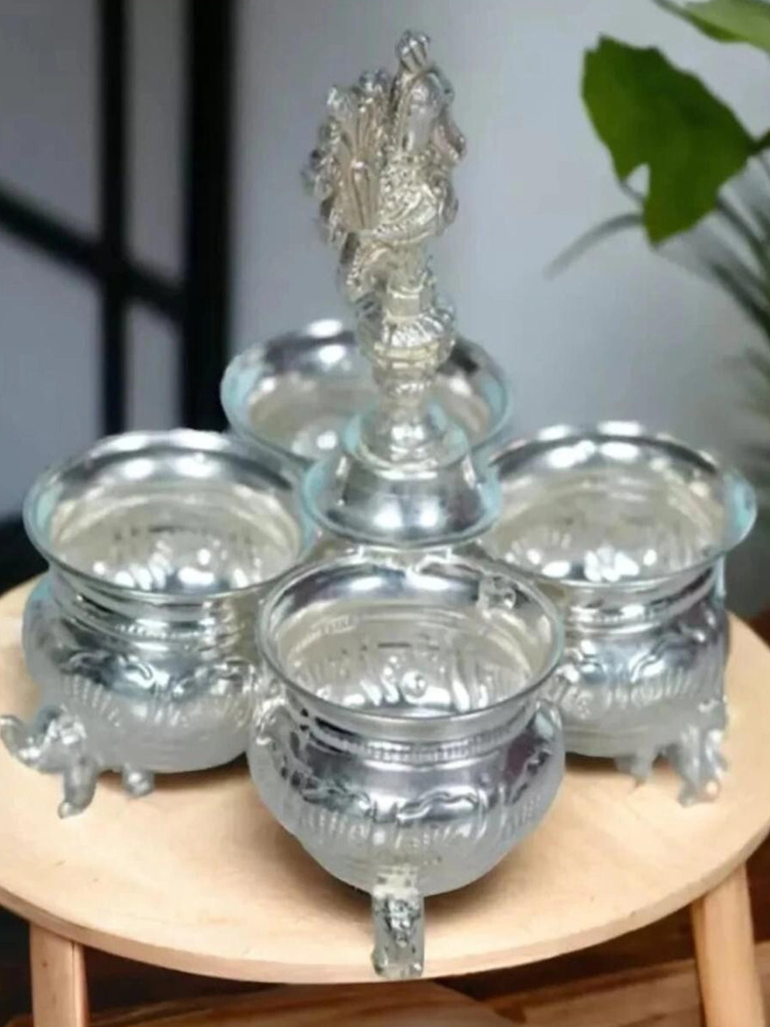 Sigaram Textured German Silver 4 Cup Panchwala With Peacock