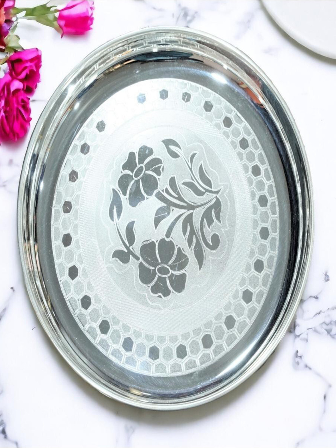 Sigaram Silver Toned Floral Printed Pooja Plate