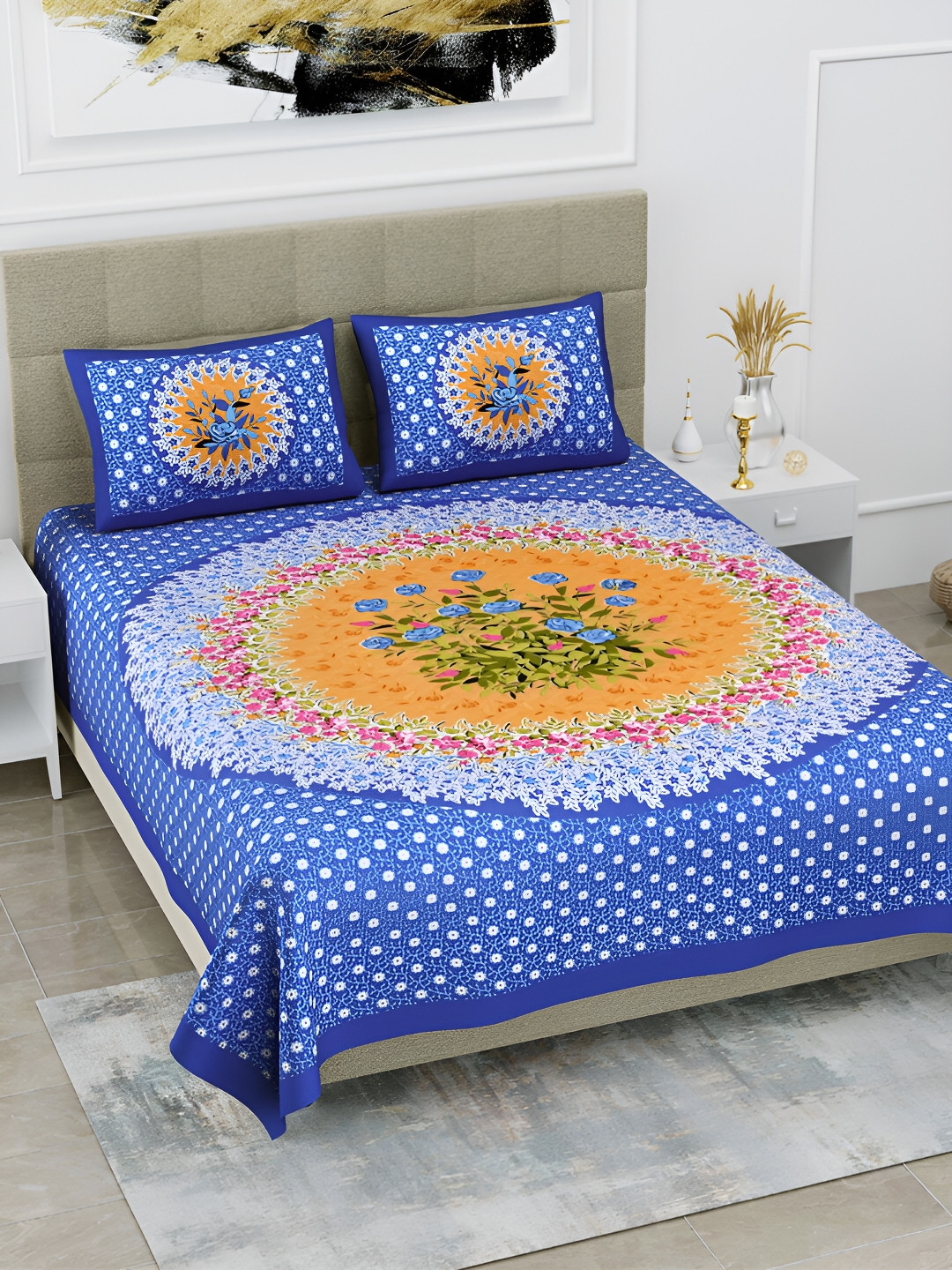 POORAK Royal Passion Blue Floral Pure Cotton 104 TC Queen Coarse Bedsheet with 2 Pillow Covers-100 x 90 inches