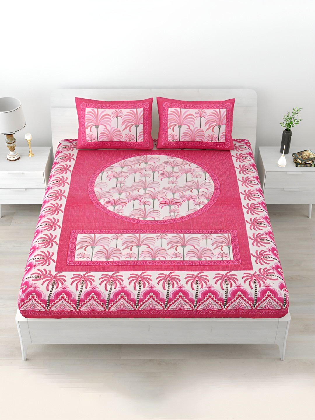 POORAK Pink Floral Pure Cotton Skin-Friendly 104 TC Queen Coarse Bedsheet with 2 Pillow Covers-100 x 89 inches
