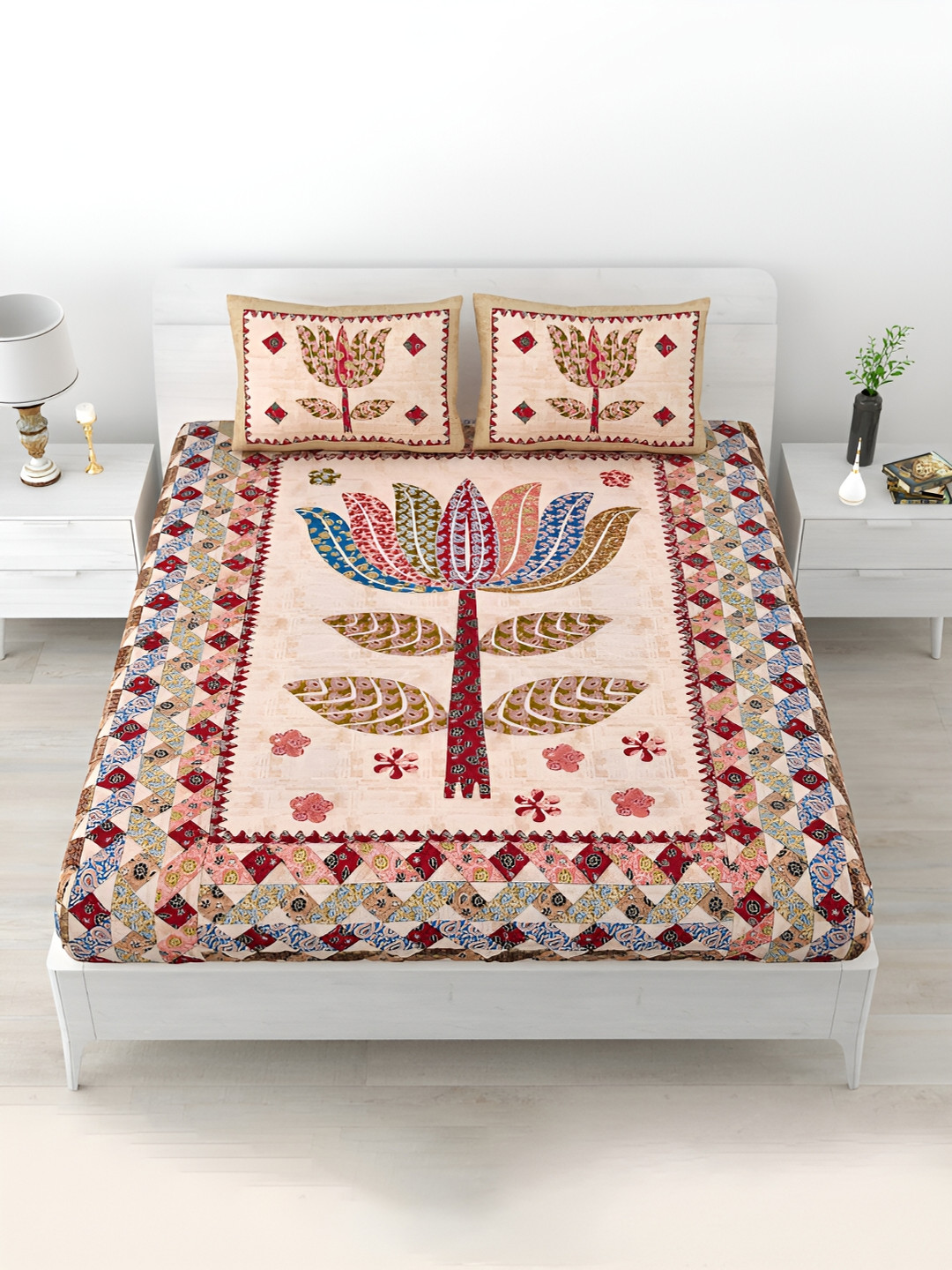 POORAK Red Floral Pure Cotton 104 TC Fitted Queen Coarse Bedsheet with 2 Pillow Covers-100 x 90 inches
