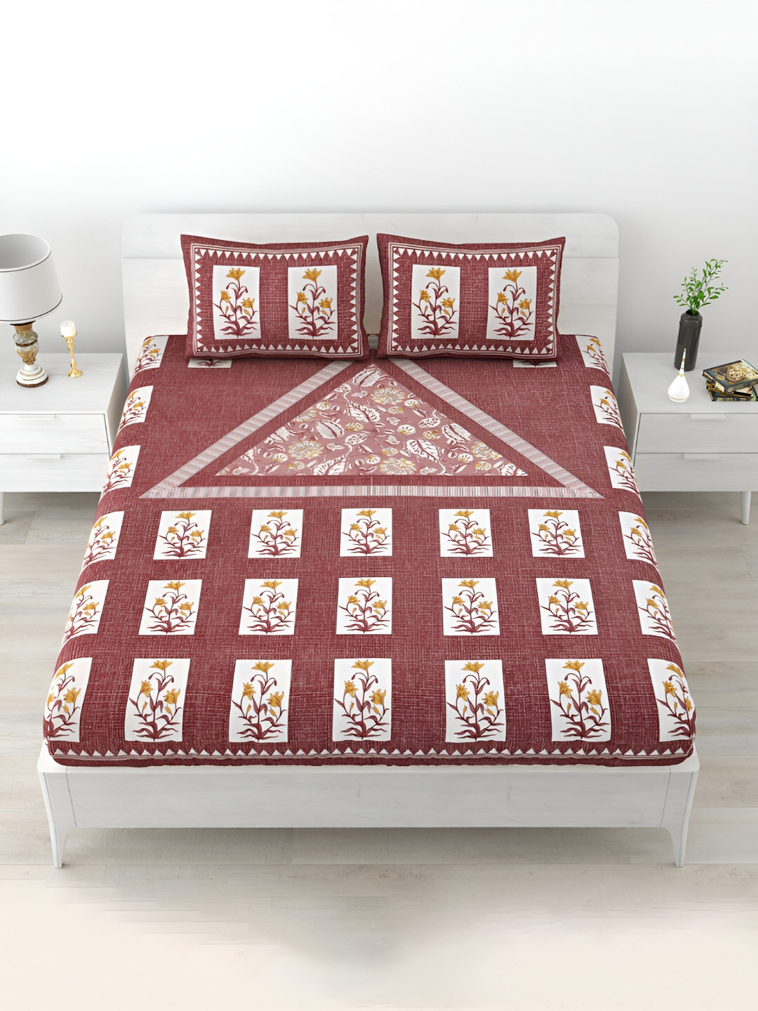 POORAK Utsav Pink Ethnic Motifs Cotton 104 TC Queen Coarse Bedsheet with 2 Pillow Covers-100 x 90 inches
