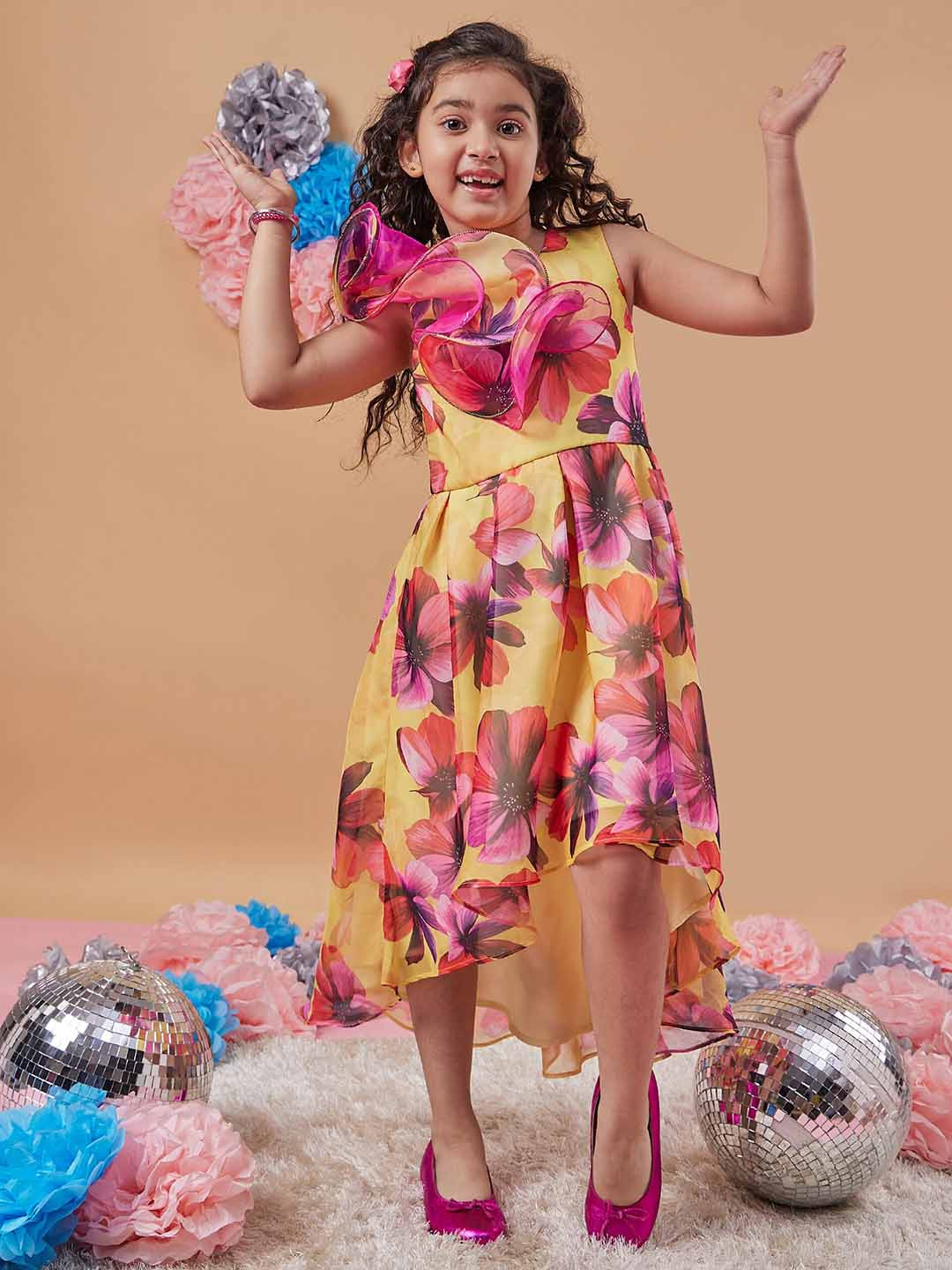 Pspeaches Girls Yellow Floral Organza A-Line Dress