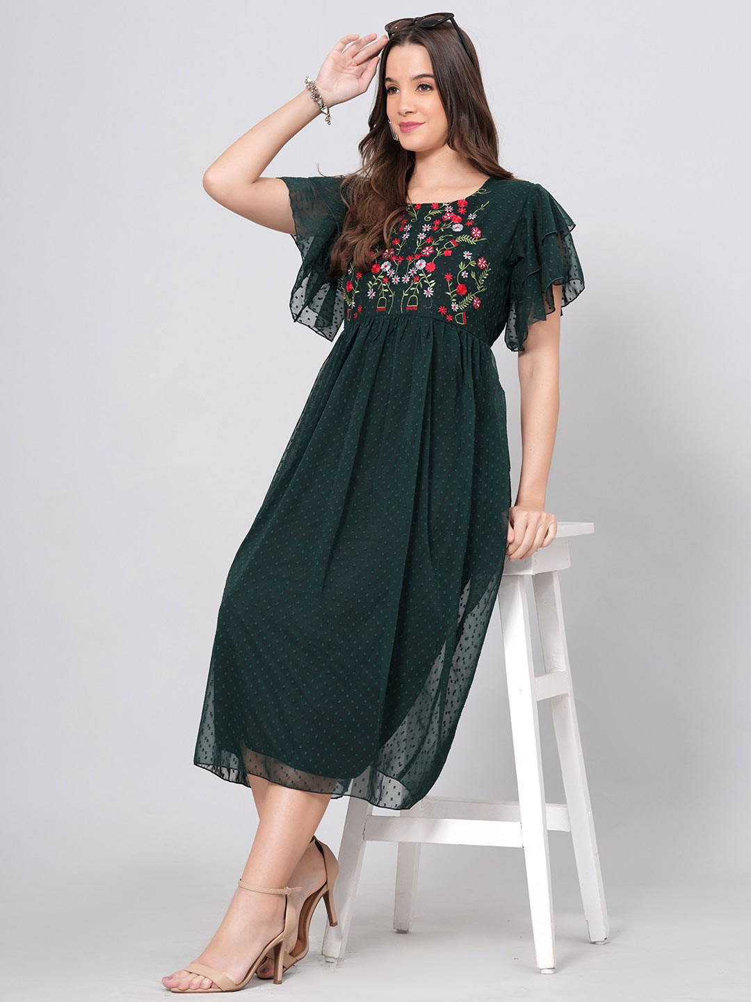 KALINI Self Design Embroidered Flared Sleeves Chiffon A-Line Midi Dress
