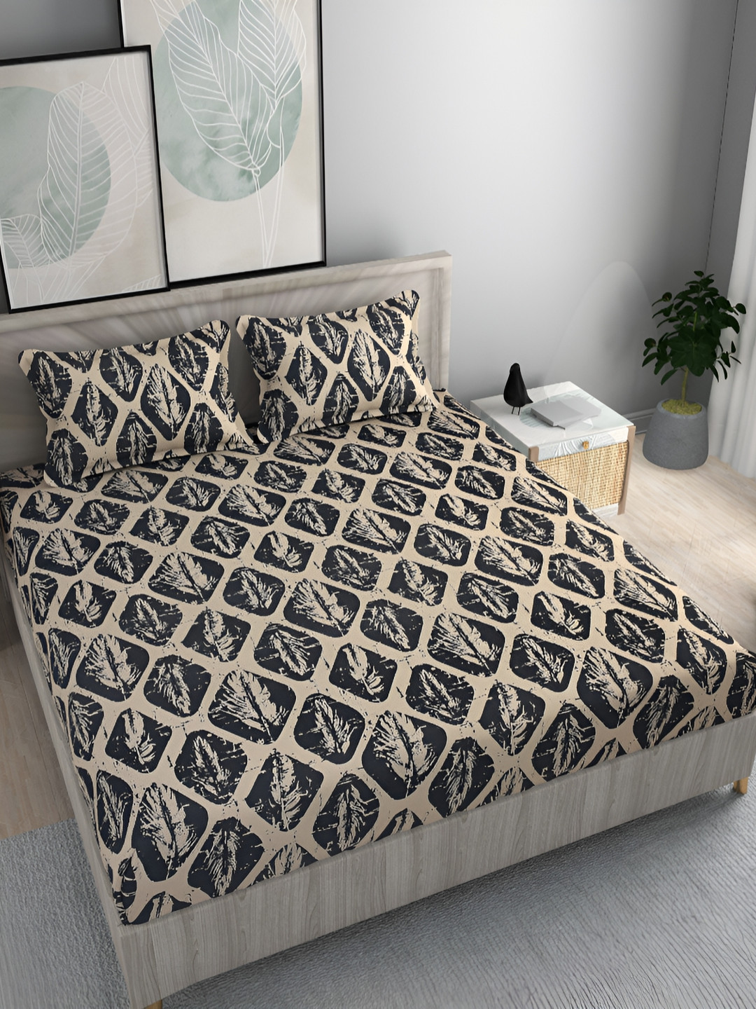 FINE TEX WORLD Black Leaf Microfiber 210 TC Fitted King Fine Bedsheet with 2 Pillow Covers-72 x 78 inches